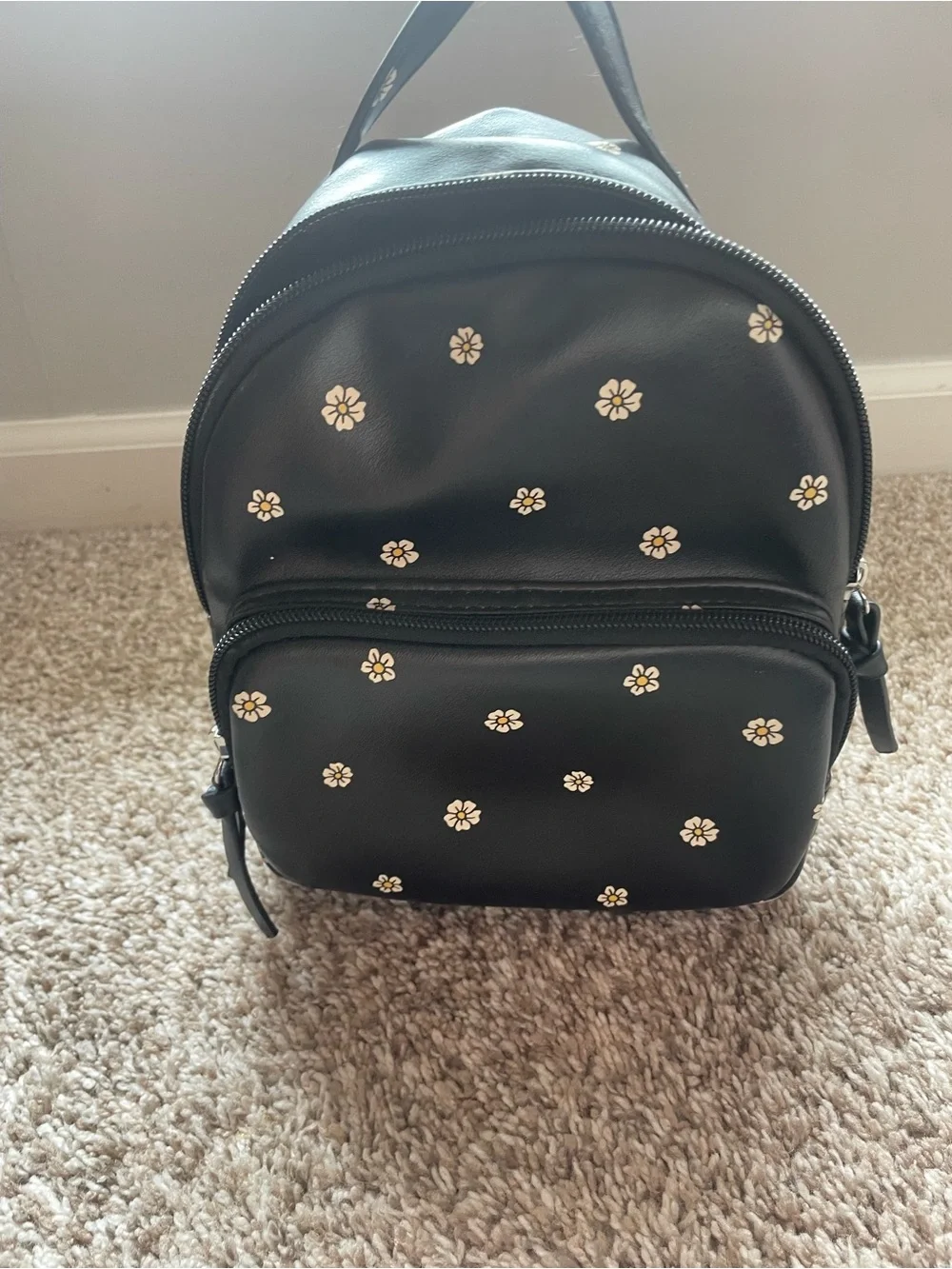 Black Mini Backpack with White Daisy Print